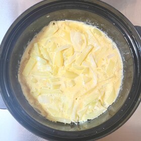 丸い耐熱容器で作った電子レンジ加熱後スパニッシュオムレツ。